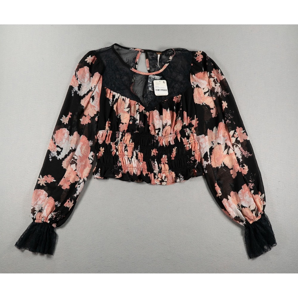 Free People Daphne Blouse Midnight Floral Lace Smocked Crop Top Size S NWT